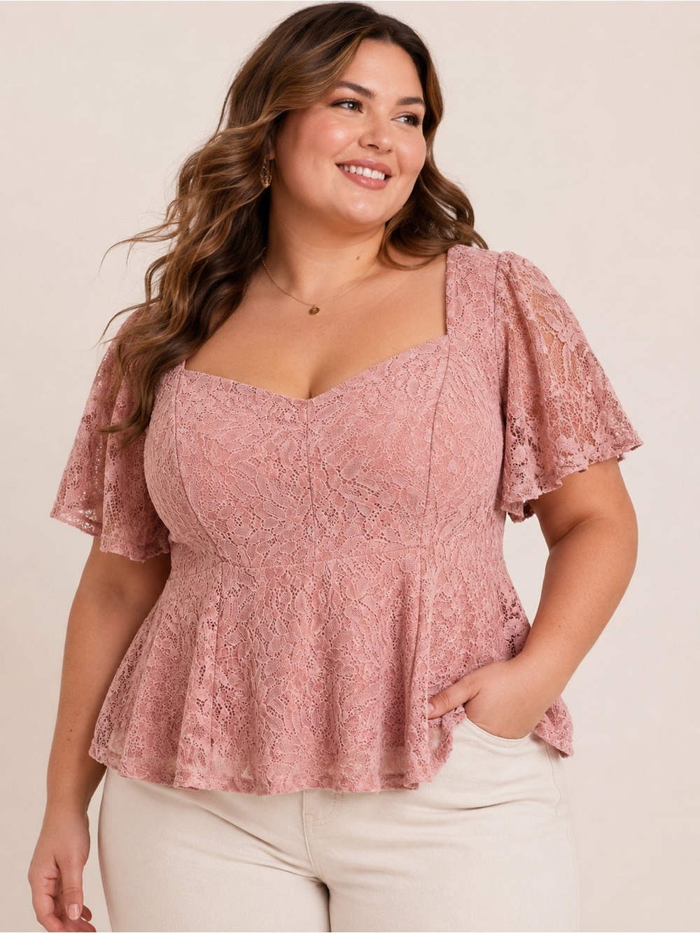 Addition Elle Pink Velvet Lace Peplum Top 2X Smocked Back Romantic Cottagecore